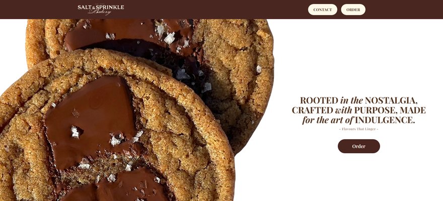 Salt & Sprinkle homepage — two stacked brown butter chocolate chunk cookies beside Rooted in the nostalgia, crafted with purpose